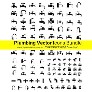 May include: A collection of black plumbing vector icons, including faucets, pipes, and valves. The image features a yellow banner with the text "Plumbing Vector Icons Bundle" and "Water Tap Valve Pipe Icons Set SVG PNG EPS PDF Download."