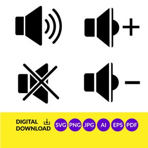 May include: Black speaker icons with volume up, volume down, mute, and sound waves. The image also includes the text "DIGITAL DOWNLOAD" and file type icons: SVG, PNG, JPG, AI, EPS, and PDF.