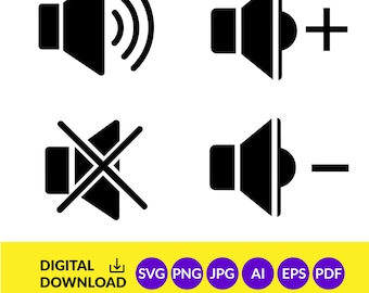 Volume Control Icon Set SVG, Speaker Plus Minus Mute Vector, Audio UI Buttons for Web App, Digital Download svg png jpg pdf eps ai Bundle