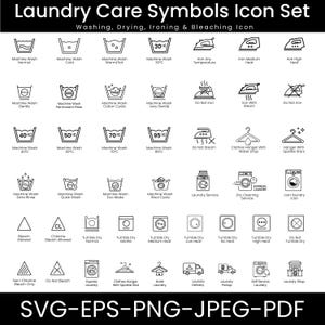 Op de afbeelding: Een zwart-wit pictogrammenset met wasvoorschriften. Bevat pictogrammen voor wassen, drogen, strijken en bleken. De tekst "Laundry Care Symbols Icon Set" staat bovenaan.