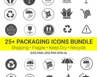 25 Packaging Symbols Icon Set, Shipping Handling Icons, Recycle, Product Packaging & Shipping Labels Vector for Box Package Design Bundle