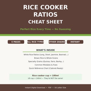 May include: A digital cheat sheet for rice cooker ratios. The brown and green graphic includes the text "RICE COOKER RATIOS CHEAT SHEET" and details on rice types, grains, and common mistakes. It also includes a conversion for rice cooker cups, with 180ml equaling a US cup of 240ml.