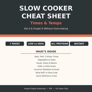 May include: A digital slow cooker cheat sheet with the title "SLOW COOKER CHEAT SHEET" in white text on a dark grey background. The sheet includes cooking times and temperatures, and lists contents such as beef, pork, chicken times, and vegetables.