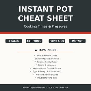 May include: A digital Instant Pot Cheat Sheet with cooking times and pressures. The guide includes 8 pages with information on over 60 foods. It covers meat, seafood, grains, vegetables, eggs, and troubleshooting tips. The digital download is in PDF format.