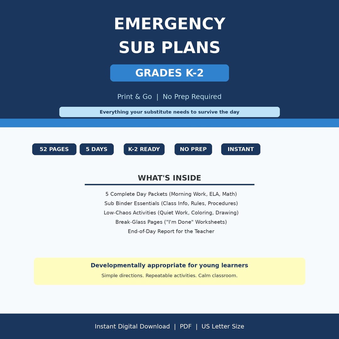 Emergency Sub Plans Kindergarten 1st 2nd Grade | Substitute Teacher ...