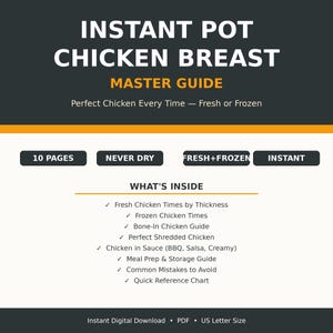 Op de afbeelding: Een digitale gids getiteld "Instant Pot Chicken Breast Master Guide". De omslag bevat witte en gele tekst op een donkere achtergrond. De gids belooft elke keer perfecte kip, vers of bevroren, en bevat een inhoudsopgave.