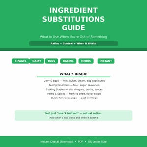 Può includere: Una guida digitale intitolata "Guida alle sostituzioni degli ingredienti" con un design verde e bianco. La guida tratta di rapporti, contesto e quando le sostituzioni funzionano. Include sezioni su latticini, uova, cottura al forno, erbe e ingredienti istantanei.