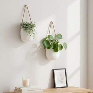 Op de afbeelding: Twee witte, ovale hangplantenbakken met touwhangers, elk gevuld met groen, zijn aan een witte muur bevestigd. Een houten kast met een fotolijst en een kaars staat op de voorgrond.