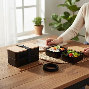 May include: A black and natural wood bento box with a black strap, chopsticks, and two smaller black boxes with food inside. One box contains sushi rolls, and the other contains a salad. The boxes are on a wooden table.