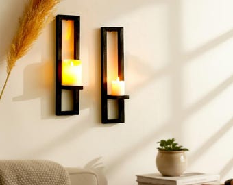 Wooden Wall Mounted Candle Holders Rustic Display Stands Black Decorative Sconces