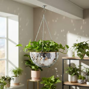 Hanging Disco Ball Planter, Mirror Mosaic Flower Pot, Plastic Plant Holder, Decor
