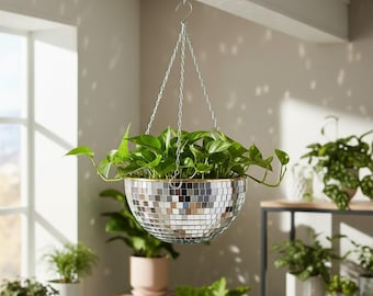 Hanging Disco Ball Planter, Mirror Mosaic Flower Pot, Plastic Plant Holder, Decor