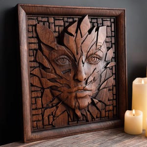 May include: A square dark brown wooden wall art piece featuring a relief carving of a human face composed of fragmented, shard-like pieces. The face is set against a textured, brick-like background, all framed within a matching wooden border.