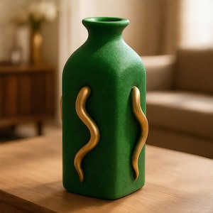 Può includere: Un vaso di ceramica verde con corpo quadrato e collo stretto. Due decorazioni dorate e curve adornano la parte anteriore. Il vaso è esposto su un tavolo di legno, mettendo in mostra il suo design e colore unici.