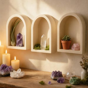 Peut inclure: Trois étagères murales arquées de couleur blanc cassé fixées en ligne. La première étagère contient une plante aérienne et une pointe d'améthyste. La deuxième présente une pointe de quartz clair sur de la mousse. La troisième porte une succulente.