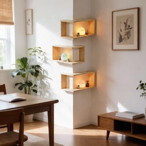 May include: Three light-colored wooden corner shelves mounted vertically on a white wall. Each shelf features a rectangular frame design and holds a small, glowing, rounded character-shaped lamp alongside miniature decorative figurines.