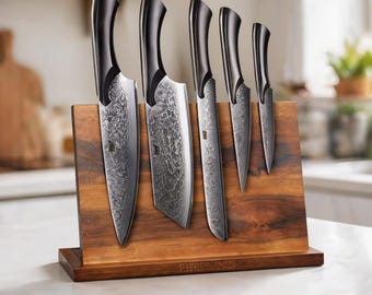 Magnetic Teak Wood Knife Block Standing Holder for Large Kitchen Knife Set Storage