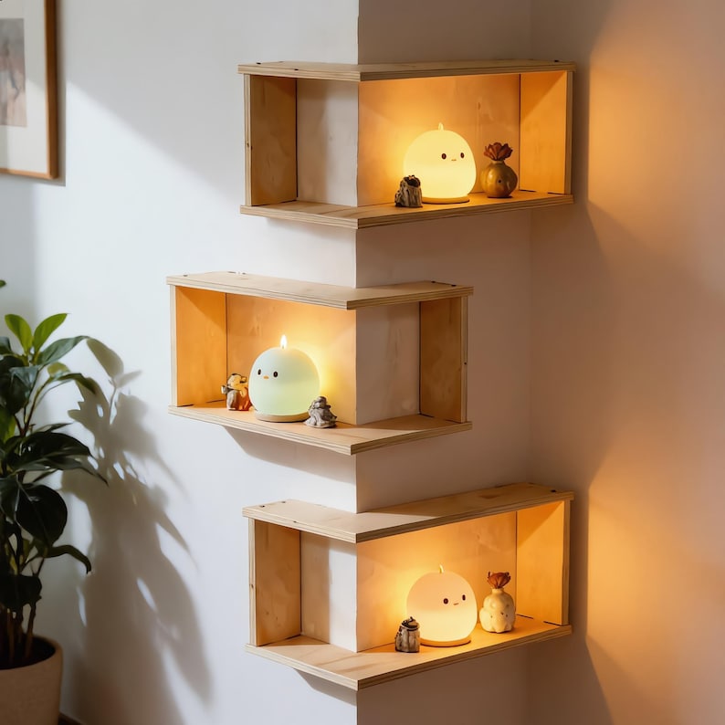 May include: Three light-colored wooden corner shelves mounted on a wall in a vertical arrangement. Each shelf holds a glowing, round, white character-shaped lamp and small decorative figurines, creating a warm, ambient lighting effect.