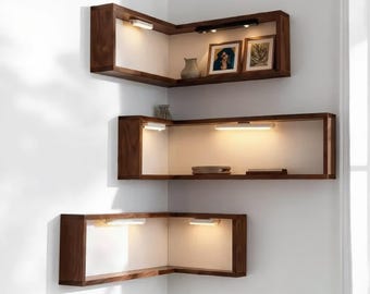 Wooden Corner Floating Shelf: 90 Degree Wall Mounted Display Bookshelf Storage