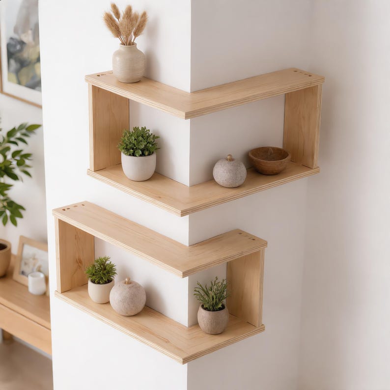 May include: Two light-colored wooden corner shelves mounted on a white wall. The top shelf holds a small vase with dried grasses, a potted green plant, a round stone-like object, and a wooden bowl. The bottom shelf holds a potted plant and a round object.