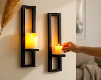 Wooden Wall Mounted Candle Holders Rustic Display Stands Black Decorative Sconces