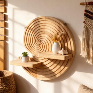 May include: A circular light wood wall shelf featuring a carved spiral pattern. The unit includes two attached horizontal shelves holding a small green succulent in a white pot, a white vase with dried grasses, and a white decorative seashell.