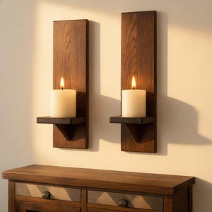 Peut inclure: Deux appliques murales rectangulaires en bois brun foncé, chacune dotée d'une petite étagère horizontale supportant une épaisse bougie cylindrique blanc cassé. Les deux bougies sont allumées, diffusant une lueur chaude sur les panneaux.