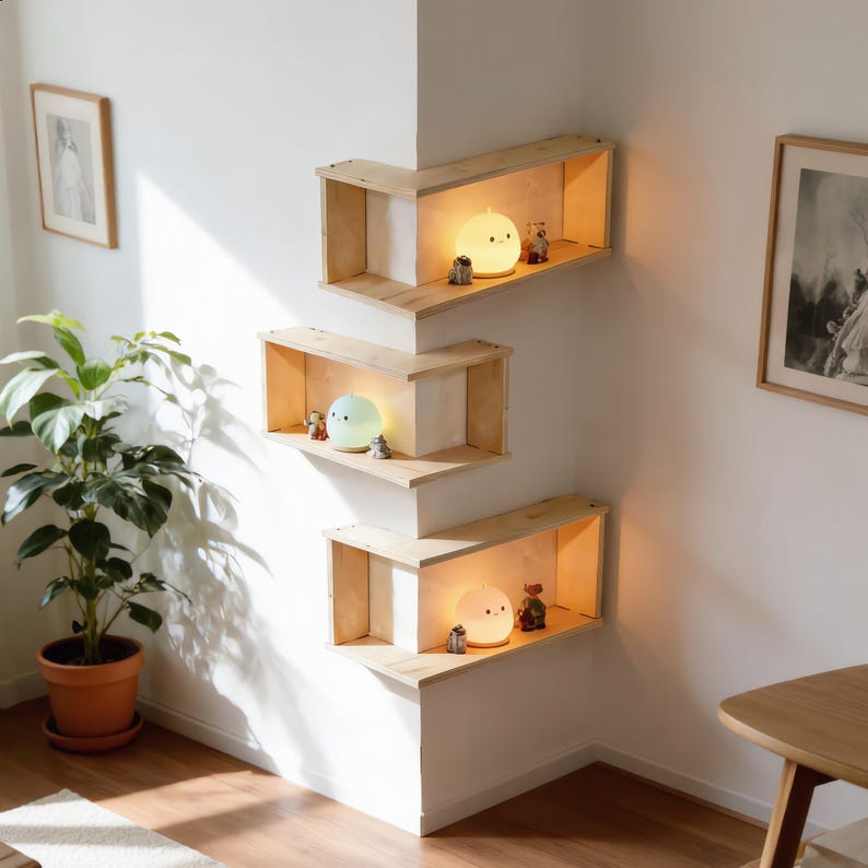 Corner Floating Wooden Shelves Wall Mounted Plant Display and Modern Living Room Storage Rack 1 Unit image 11