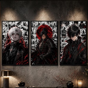 Dark Anime Poster 3er Set, Rot Schwarze Samurai Wandkunst, Gothic Krieger Druck, Manga inspirierte Gaming Zimmer Dekoration, digitaler Download