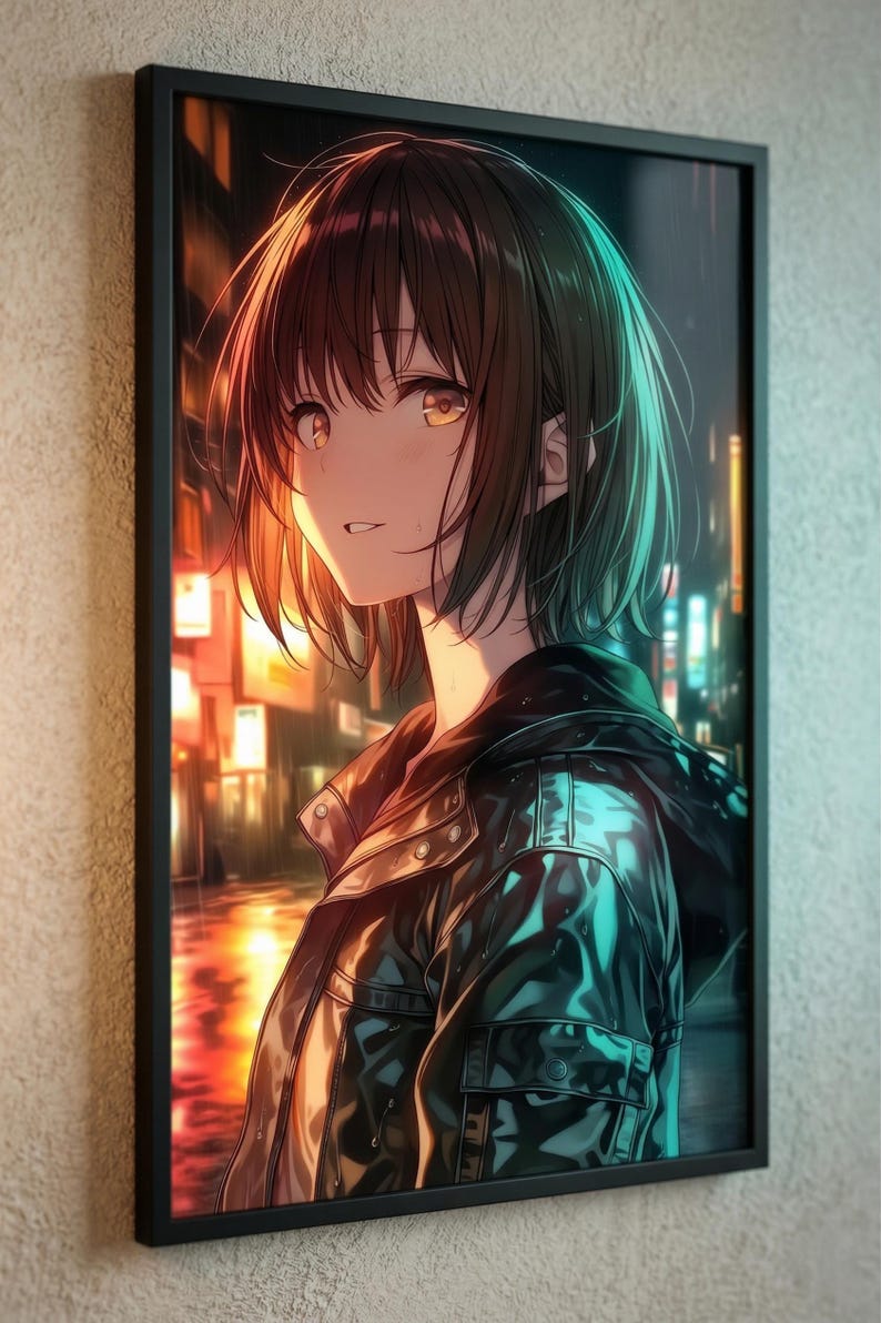 Cyberpunk Anime Girl Poster, Amber Neon Wall Art, Gaming Room Decor ...