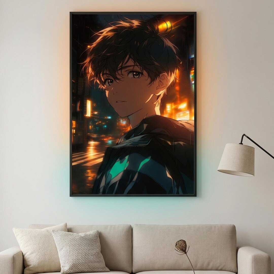 Cyberpunk Anime Boy Poster Amber, Neon Anime Wall Art, Gaming Room ...
