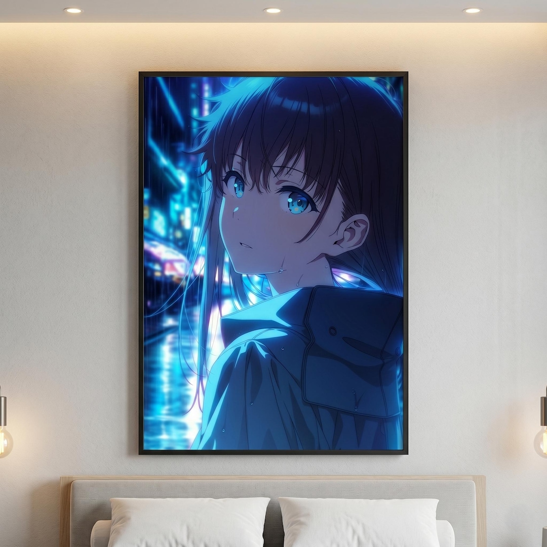 Cyberpunk Anime Girl Wall Art, Neon Blue Gaming Room Decor, Dark ...
