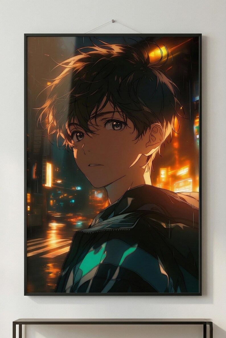 Cyberpunk Anime Boy Poster Amber, Neon Anime Wall Art, Gaming Room ...
