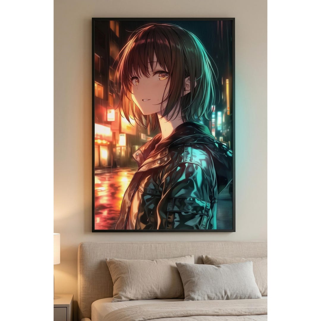 Cyberpunk Anime Girl Poster, Amber Neon Wall Art, Gaming Room Decor ...