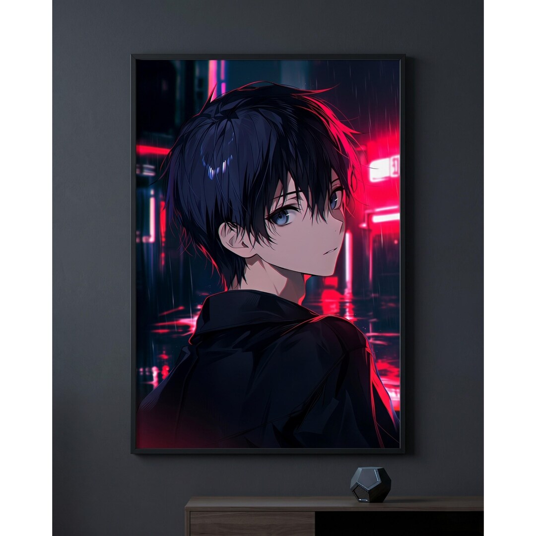 Cyberpunk Anime Boy Poster, Neon Anime Wall Art, Gaming Room Decor ...
