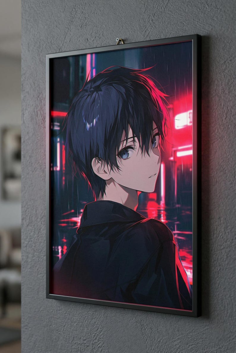 Cyberpunk Anime Boy Poster Red, Neon Anime Wall Art, Gaming Room Decor ...