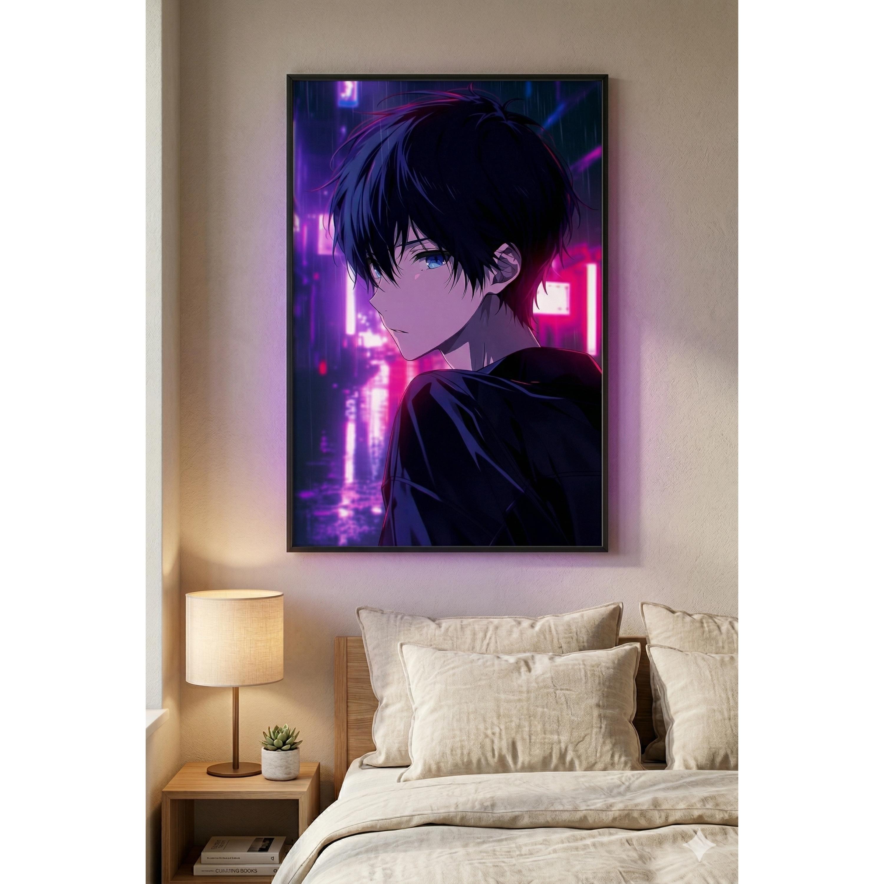 Cyberpunk Anime Boy Poster, Neon Anime Wall Art, Gaming Room Decor ...