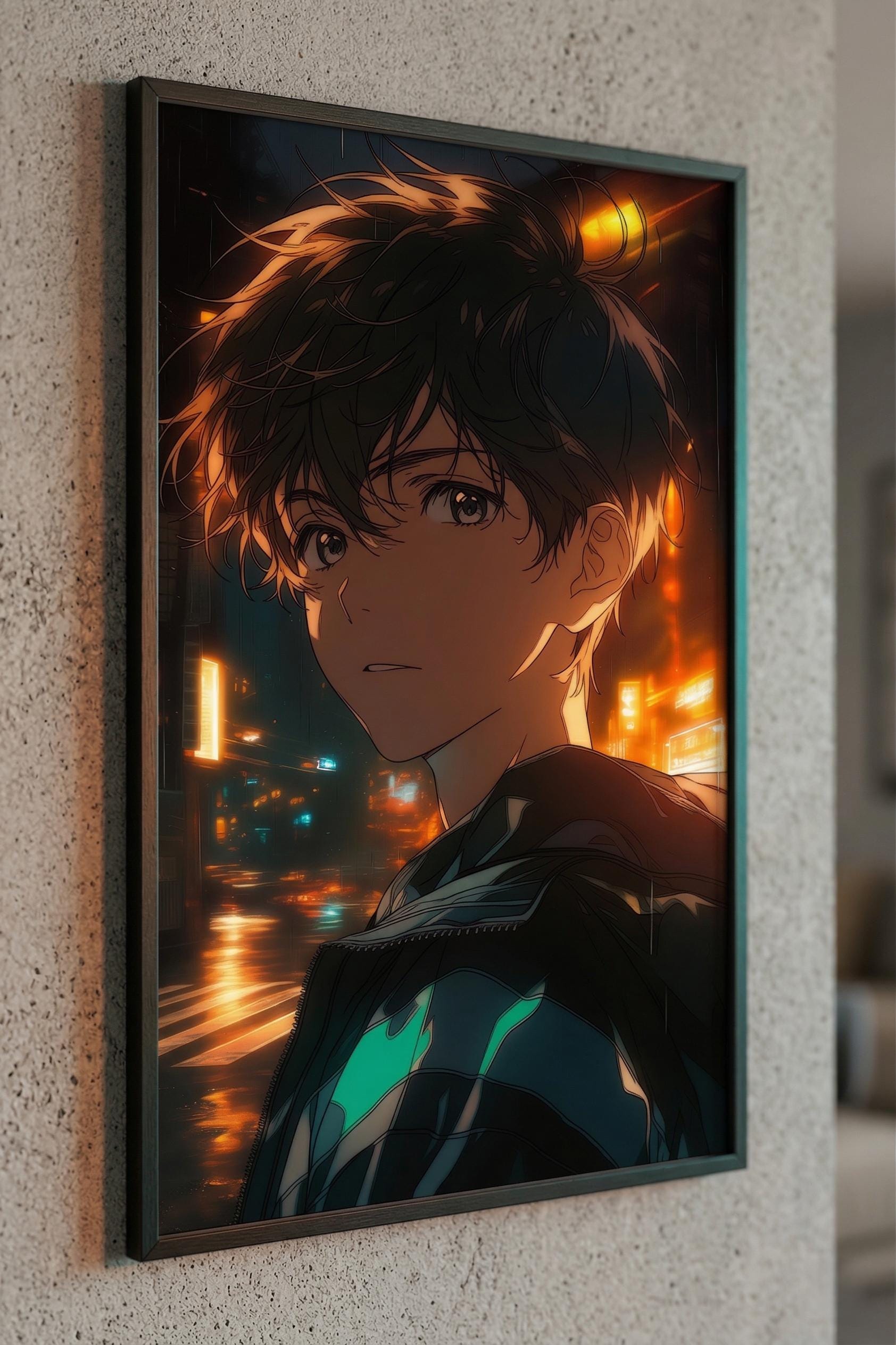 Cyberpunk Anime Boy Poster Amber, Neon Anime Wall Art, Gaming Room ...