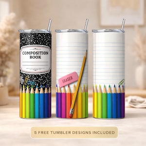 May include: Three stainless steel tumblers with lids and straws. The tumblers feature school-themed designs, including a composition book cover, lined paper, and a rainbow of colored pencils. One tumbler has an eraser and pencil graphic.