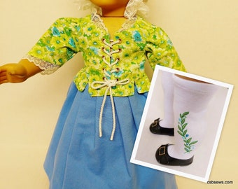Colonial Day Dress with Embroidered Stockings and Mop Cap - Fits American Girl Dolls Felicity or Elizabeth