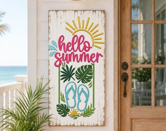 Hello Summer Porch Sign Laser SVG - Palm Leaves - Flip Flops - Summer Laser File - Beach Life - (Digital Download)
