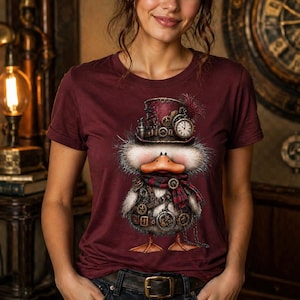 May include: Burgundy t-shirt featuring a whimsical illustration of a duck dressed in steampunk attire. The duck wears a top hat with clock details, a plaid scarf, and various gears. The shirt has a round neck and short sleeves.