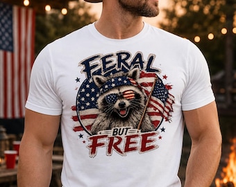 Feral but Free Patriotic Raccoon w/ Sunglasses Bandana Flag PNG - 300 DPI - 2 Files - 1 Standard Image & 1 Transparent - (Digital Download)