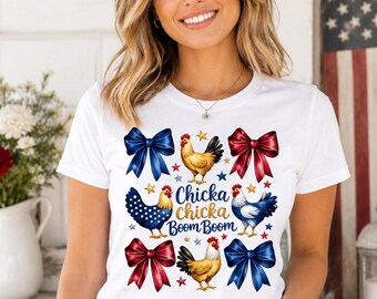 Chicka Chicka Boom Boom PNG - 300 DPI - Collage de lazos y pollos patrióticos - Fondo transparente - (Descarga digital)