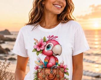 Loro viajero rosa Bougie sentado en una maleta con flor de hibisco PNG - Verano - 300 DPI - Fondo transparente - (Descarga digital)