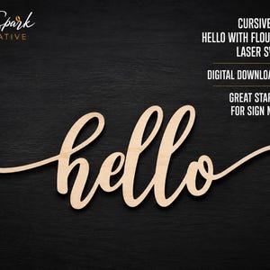 May include: A light-coloured wooden cutout of the word hello in cursive script with decorative flourishes on both ends. The text Ink Spark Creative, Cursive Word Hello With Flourishes Laser SVG File, Digital Download Only, Great Staple File For Sign Makers is visible.