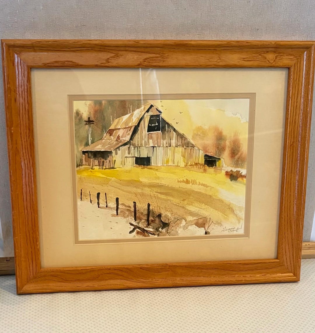 Original Watercolor Barn Landscape by Dennis Crawford in Oak Frame - Etsy