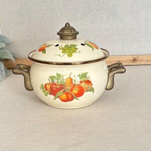May include: A cream-colored enamel pot with a matching lid, featuring two side handles and a central knob in a metallic bronze finish. The exterior is decorated with a colorful illustration of various fruits, including apples, pears, and grapes.