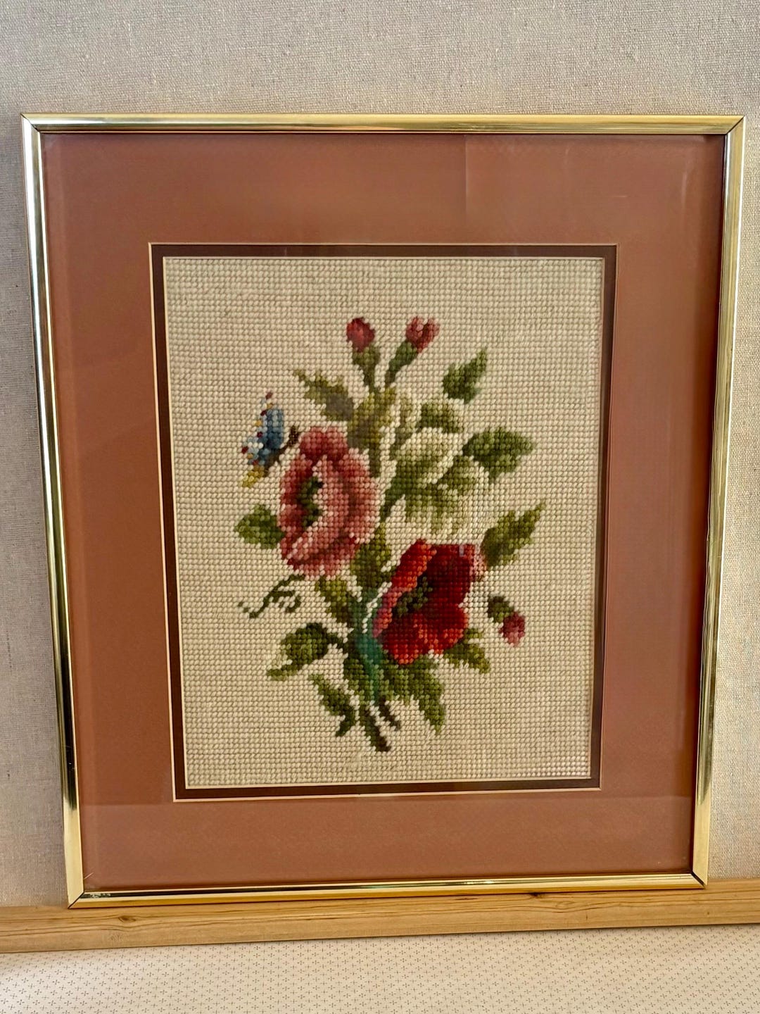 Vintage Floral Needlepoint Art – Roses & Butterfly – Pink Mat ...