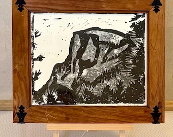 Original Block Print Half Dome Yosemite  by Dennis Crawford in Rustic Wood Frame